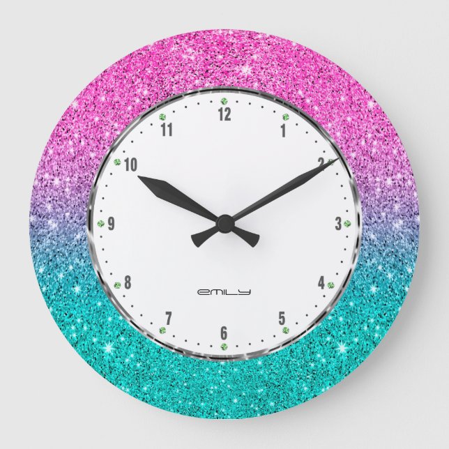 Grande Horloge Ronde Faux parties scintillant turquoise et rose chaud (Recto)