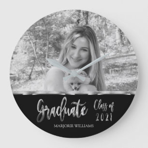Grande Horloge Ronde Faux Silver Grey Script Graduate Class of 2021