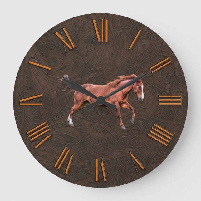 Grande Horloge Ronde Faux Tooled, Cuir sculpté avec Cheval Rouge Dun (Recto)