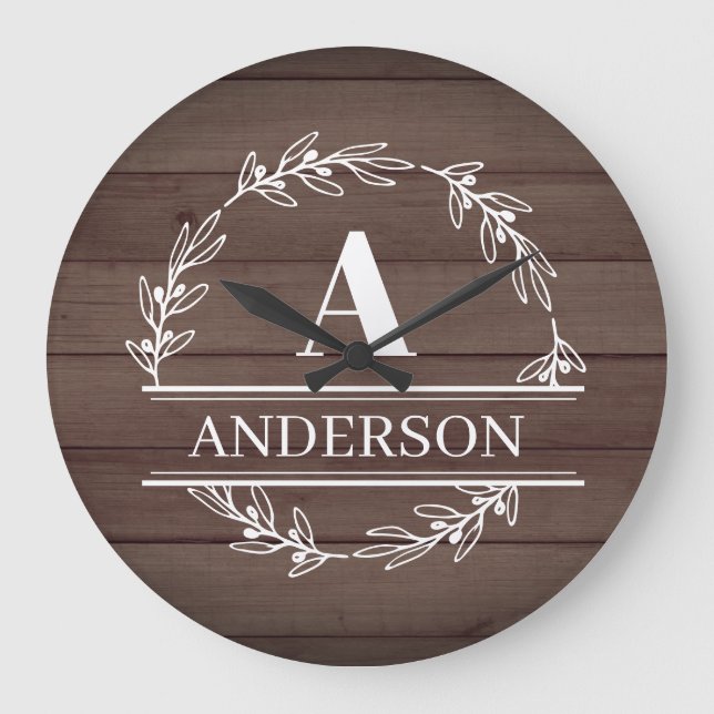 Grande Horloge Ronde Faux Wood Rustic Wreath Nom de famille Monogramme (Recto)