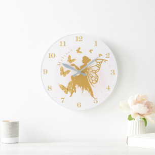 Grande Horloge Ronde Fée de papillon d'or personnalisé