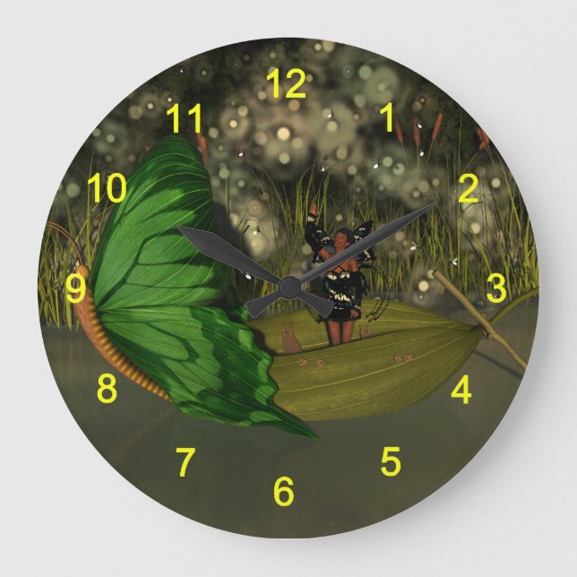 Grande Horloge Ronde Fée mignonne en bateau avec lucioles (Recto)