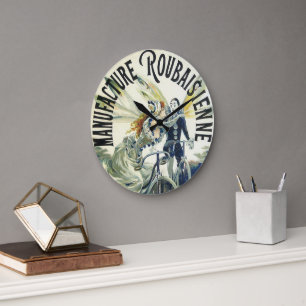 Grande Horloge Ronde Fées Art Nouveau Vintage, Pierrot à bicyclette Lun