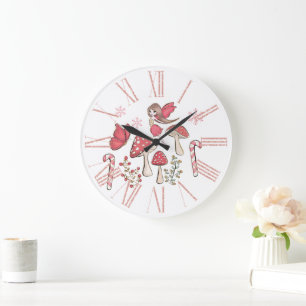 Grande Horloge Ronde Fées et champignons de Noël mignons