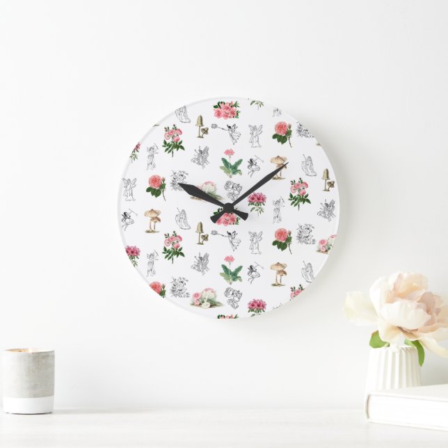 Grande Horloge Ronde Fées Rose Floral & Champignons Motif de fées (Maison)