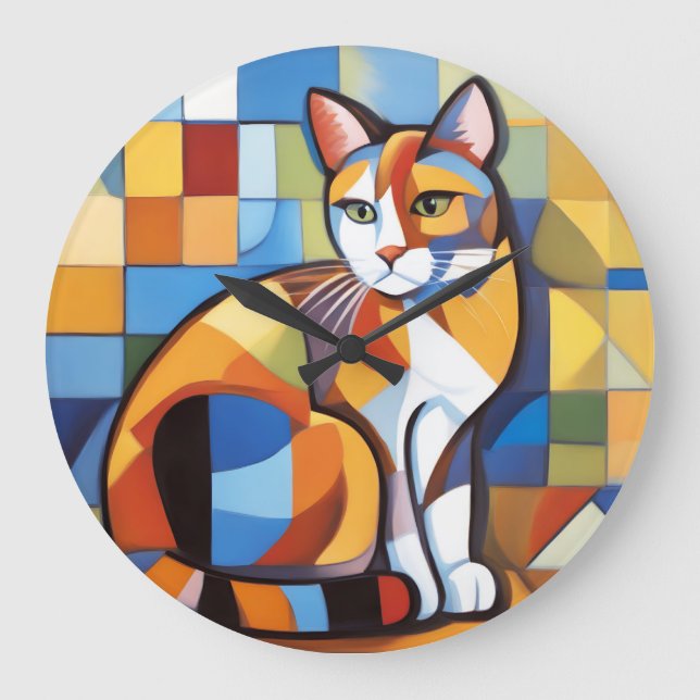 Grande Horloge Ronde Feline Abstraite Beauté Calico Cat Cubist (Recto)