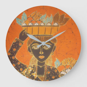 Grande Horloge Ronde Femme africaine portant panier d'art