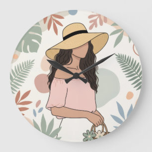 Grande Horloge Ronde Femme au chapeau de paille avec des fleurs