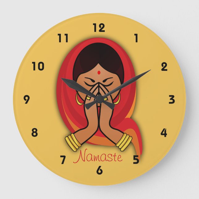 Grande Horloge Ronde Femme hindoue avec tête en Namaste Salutation (Recto)