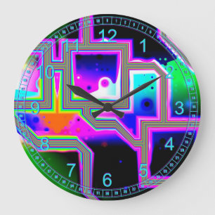 Grande Horloge Ronde Fenêtre dans l'Univers - Magenta & Cyan Abstrait