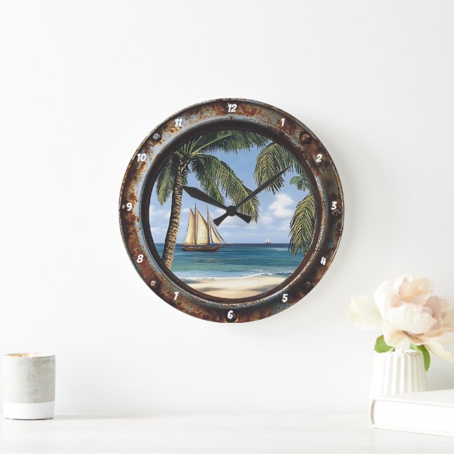 Grande Horloge Ronde Fenêtre nautique Rustique Tropical Voilier (Maison)