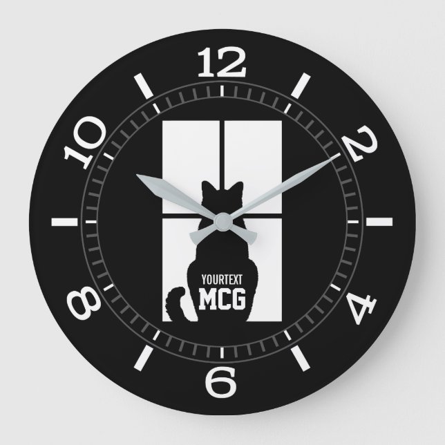 Grande Horloge Ronde Fenêtre personnalisée Cadran noir chat sur une (Recto)