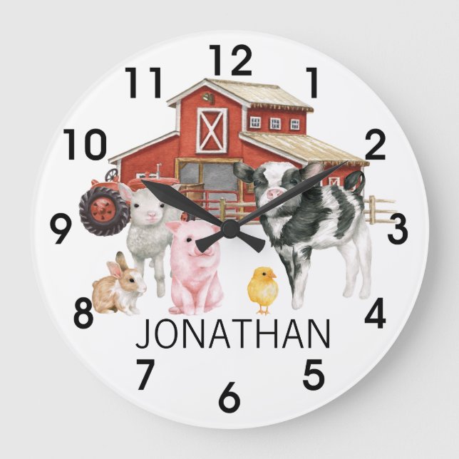 Grande Horloge Ronde Ferme Aquarelle Vache Cochon Grange Monogramme (Recto)