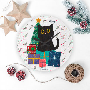 Grande Horloge Ronde Festif Joyeux Noël mignon Cat noir café Art