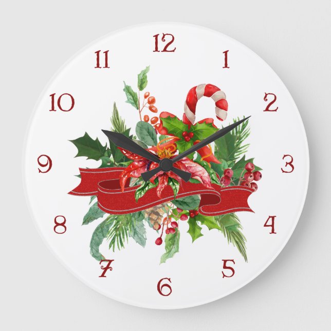 Grande Horloge Ronde Festive Noël Floral, Ruban & Sucre de canne (Recto)