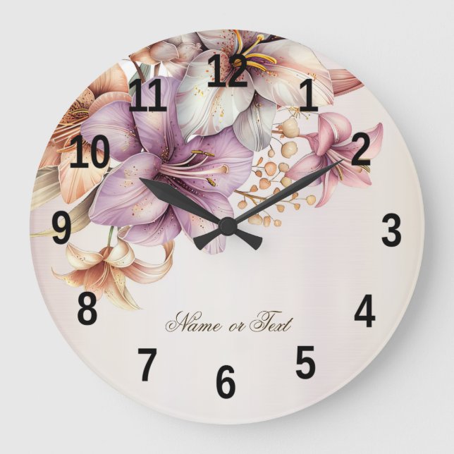Grande Horloge Ronde Fête Aquarelle Boho Rose Fleurs Élégant (Recto)