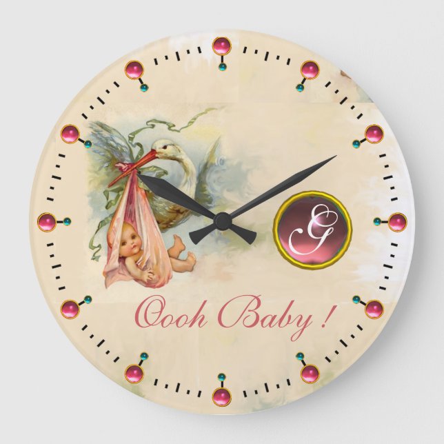 GRANDE HORLOGE RONDE FETE DE BÉBÉ FILLE STORK MONOGRAMME PIERRE PINKGEM (Recto)