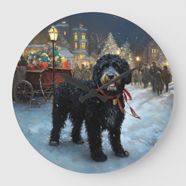 Grande Horloge Ronde Fête de Noël des chiens d'eau portugais (Recto)