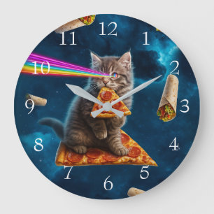 Grande Horloge Ronde Fête de pizza de chat laser