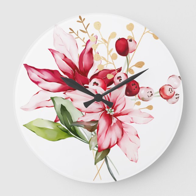 Grande Horloge Ronde Fête d'hiver poinsettia aquarelle fleurs (Recto)