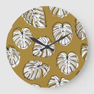 Grande Horloge Ronde Feuille de Monstera, Motif sans soudure textile.