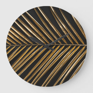 Grande Horloge Ronde Feuille de palme dorée : minimaliste noir