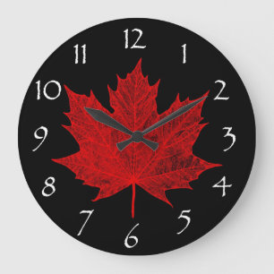 Grande Horloge Ronde Feuille d'érable rouge canadienne/rouge et noir