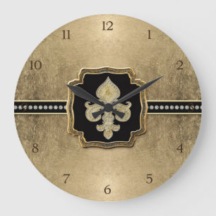 Grande Horloge Ronde Feuille d'or Fleur de Lis Faux Bijou Vintage