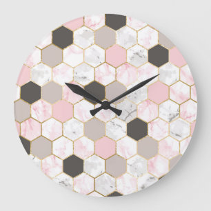 Grande Horloge Ronde Feuille d'or géométrique, motif hexagone en marbre