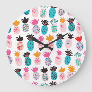 Grande Horloge Ronde Feuilles colorés d'ananas, doodle tropical.