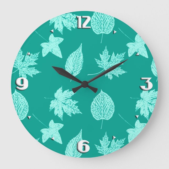 Grande Horloge Ronde Feuilles d'automne - aqua et turquoise (Recto)