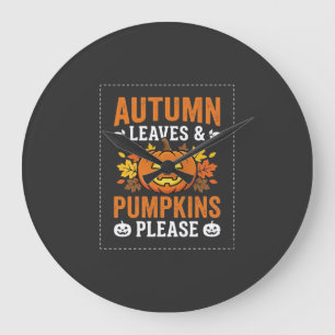 Grande Horloge Ronde Feuilles d'automne Citrouille Halloween Design