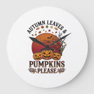Grande Horloge Ronde Feuilles d'Automne Citrouilles S'il Vous Plaît Hal