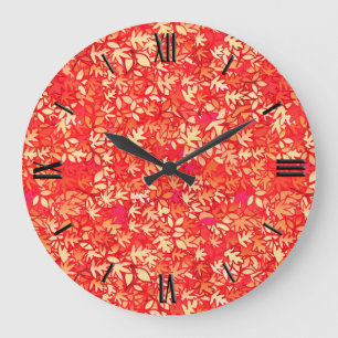 Grande Horloge Ronde Feuilles d'automne, corail orange