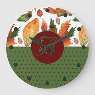 Grande Horloge Ronde Feuilles d'automne monogrammes Automne Rouge Vert 
