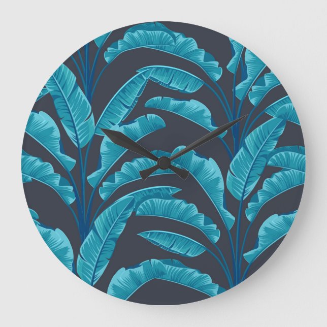 Grande Horloge Ronde Feuilles de bananes : Motif tropical Vintage. (Recto)