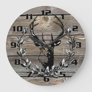 Grande Horloge Ronde Feuilles de Laurier de Cerf Rustique Vieux Planche