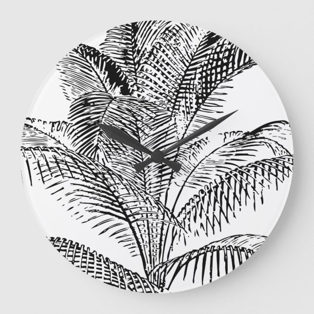 Grande Horloge Ronde Feuilles de palmier noir et blanc Motif Abstrait (Recto)