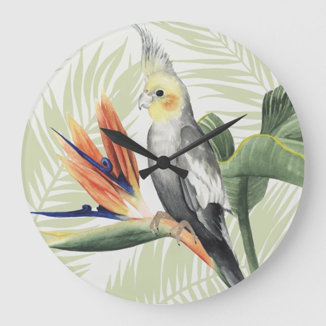 Grande Horloge Ronde Feuilles de palmiers à oiseaux noirs (Recto)