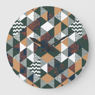 Grande Horloge Ronde Feuilles de palmiers géométriques, motif à la mode