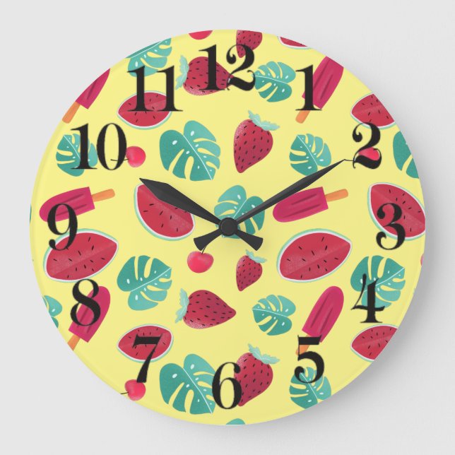 Grande Horloge Ronde Feuilles de poissonnerie, cerise, fraise et pastèq (Recto)