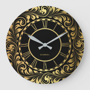Grande Horloge Ronde Feuilles floraux noir et or Élégant Motif