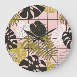 Grande Horloge Ronde Feuilles tropicaux, fleurs, motif peint à la main.