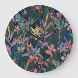 Grande Horloge Ronde Feuilles tropicaux, fleurs : vintages.