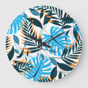 Grande Horloge Ronde Feuilles tropicaux Motif blanc brillant