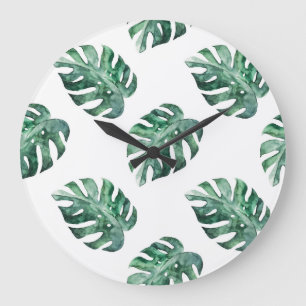 Grande Horloge Ronde Feuilles tropicaux verts, motif aquarelle