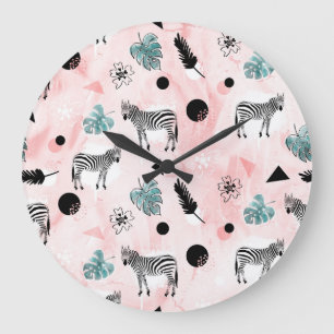 Grande Horloge Ronde Feuilles tropicaux Zebras Cravate-Dye Motif