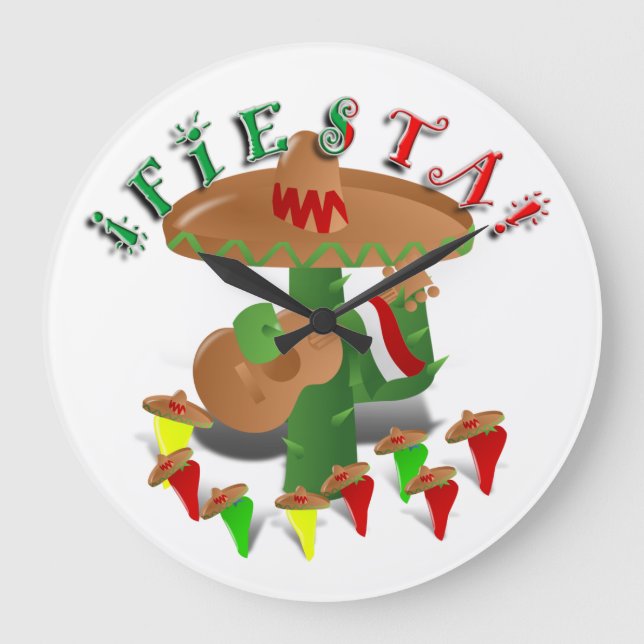 Grande Horloge Ronde Fiesta Cactus avec guitare et poivrons dansants (Recto)