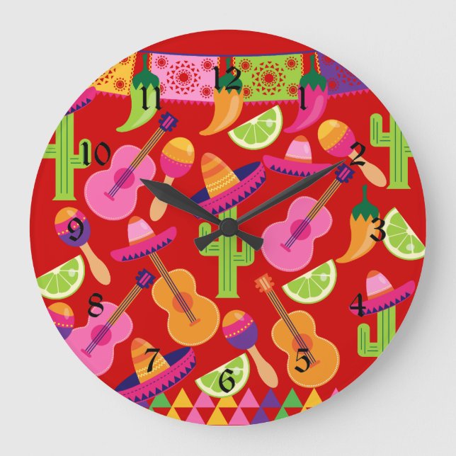 Grande Horloge Ronde Fiesta Party Sombrero Limes Guitare Maraca Saguaro (Recto)