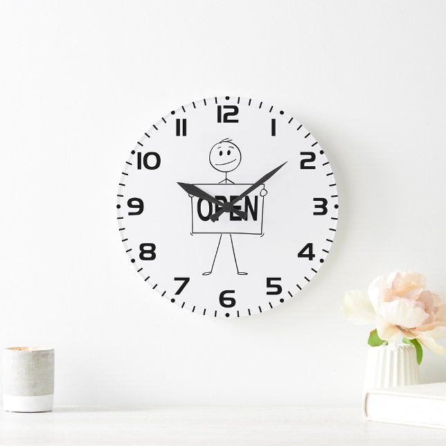 Grande Horloge Ronde Figure de bâton drôle tenant le signe ouvert (Créateur téléchargé)